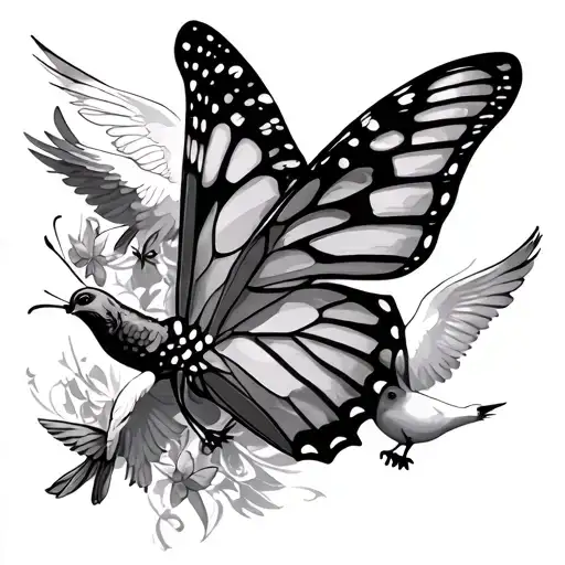 butterfly and doves and angels flying tattoo design idea