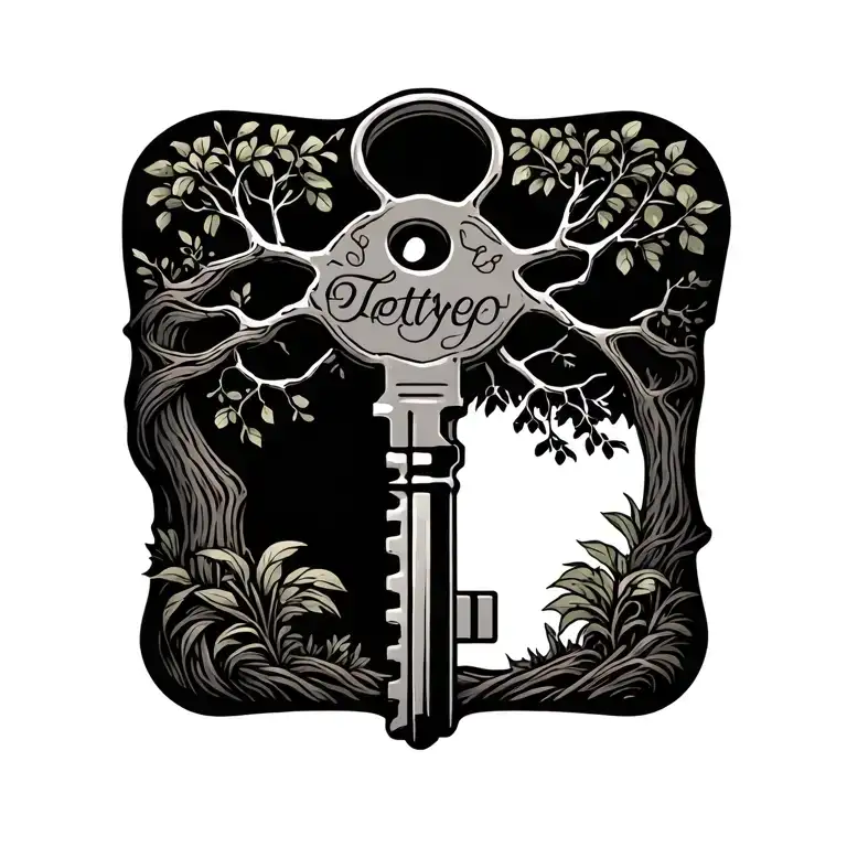 Key made of earth elements like trees tattoo design idea
