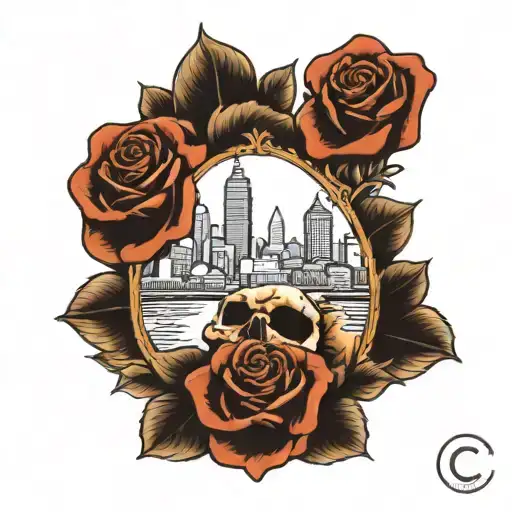 Cleveland skyline with skulls and roses tattoo design idea