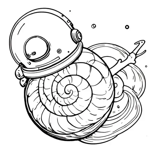 A floating snail in space, wearing a transparent astronaut helmet. Its shell looks like a planet with orbiting rings mad tattoo design idea