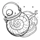 A floating snail in space, wearing a transparent astronaut helmet. Its shell looks like a planet with orbiting rings mad tattoo design idea