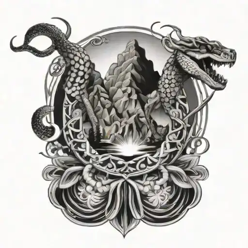 snake attacking under a mountain landscape, inside a mandala tattoo design idea