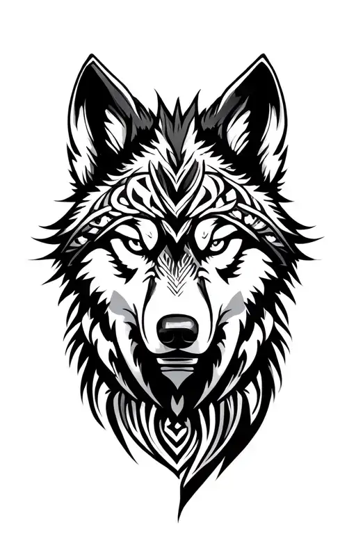 proud, slightly devious — with sharp eyes powerful, masculine alpha wolf in bold Polynesian tribal style. tattoo design idea