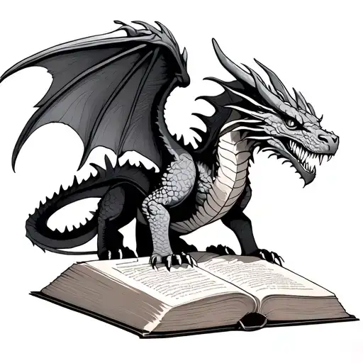 A wild Western-style dragon with wings, coiling upward out of an open magical book at the base. The dragon is fine-line  tattoo design idea