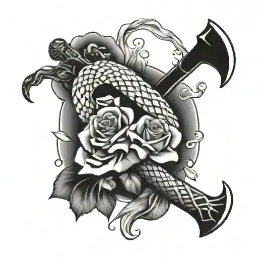 axe, snake and rose intertwined tattoo design idea