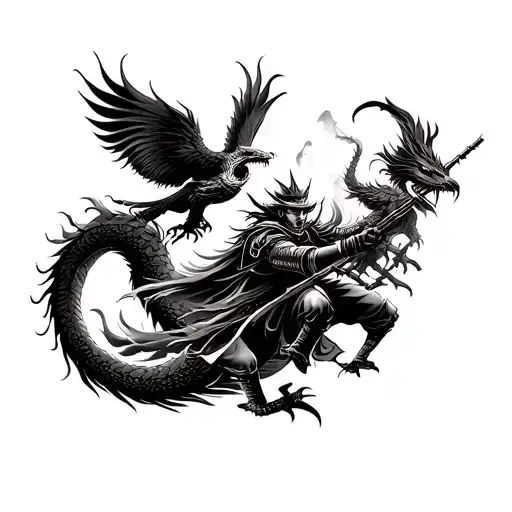 Tattoo starting from wrist and covering the entire forearm depicting a samurai warrior, a dragon and a phoenix fighting tattoo design idea
