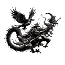 Tattoo starting from wrist and covering the entire forearm depicting a samurai warrior, a dragon and a phoenix fighting tattoo design idea