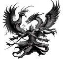 Tattoo starting from wrist and covering the entire forearm depicting a samurai warrior, a dragon and a phoenix fighting tattoo design idea