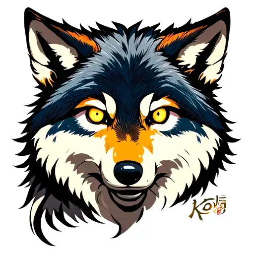Create an image of a wolf tattoo, like Kon from Chainsaw Man, but with six eyes. tattoo design idea