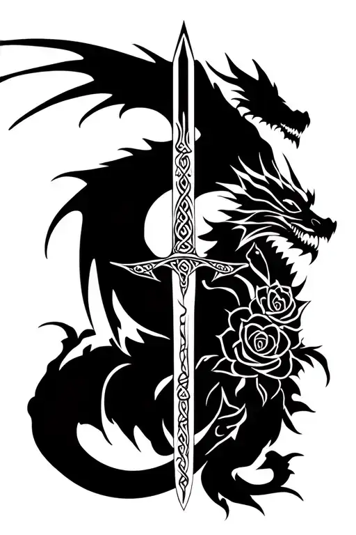 abstract celtic dragon, spread wings, sword, roses tattoo design idea