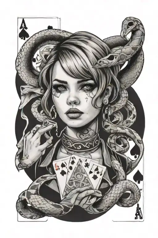 Girl with short hair, holding cards with aces. a snake goes around her neck tattoo design idea