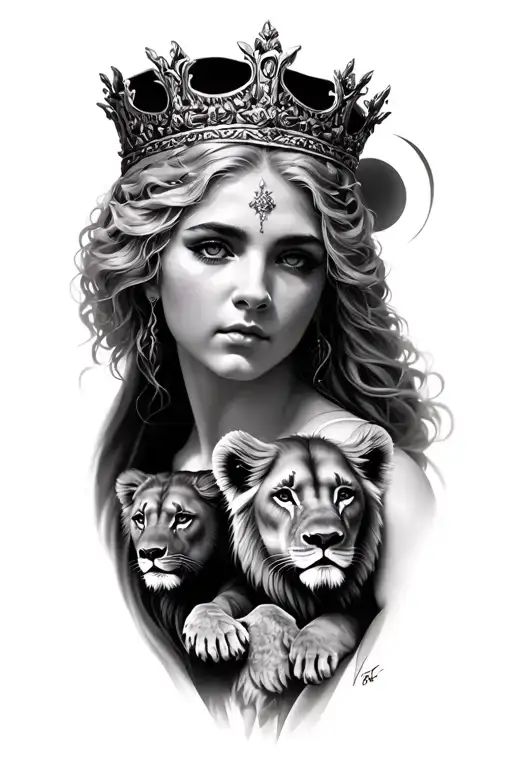 black & grey realism- greek goddess with light color hair, wearing crown, 2 lion cubs and moon tattoo design idea