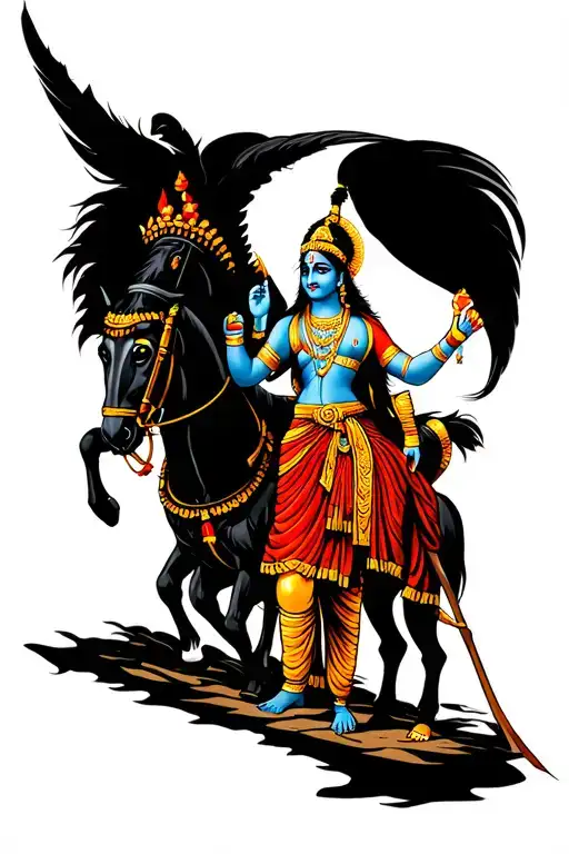 The tattoo design features Lord Krishna as the charioteer of Arjuna.This specific scene is from the Bhagavad Gita, wher tattoo design idea