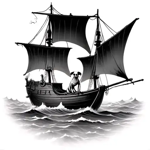 a weathered ghost sail boat with a skeleton dog sitting at the bow of the boat with some waves and mist  tattoo design idea