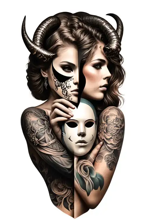 outer sleeve tattoo design realism  upper half beautiful women with horns holding half omni mask in her hand slightly co tattoo design idea
