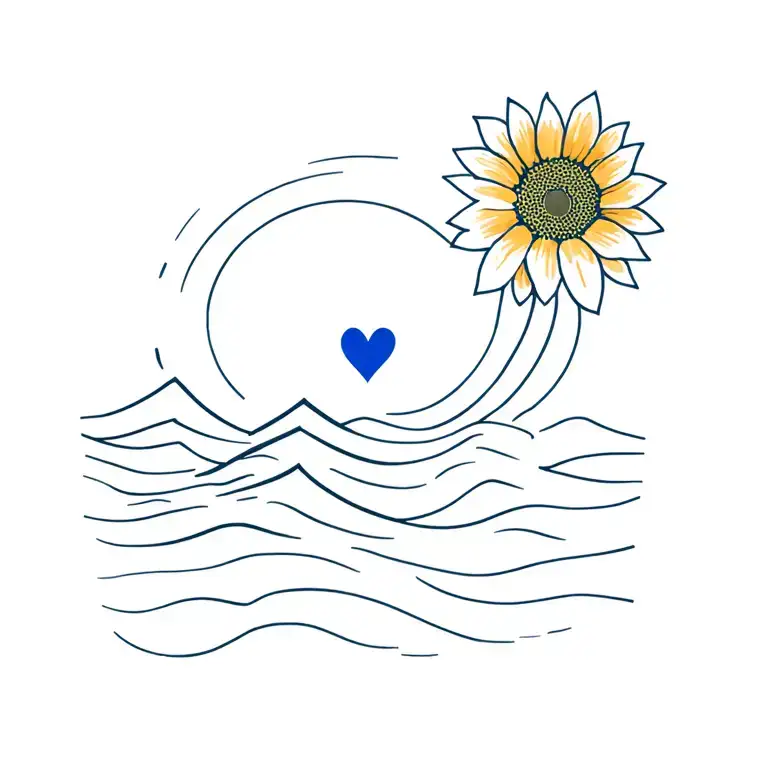 minimalist semi colon integrated sunflower, waves, sunset, mountain,, blue heart  tattoo design idea