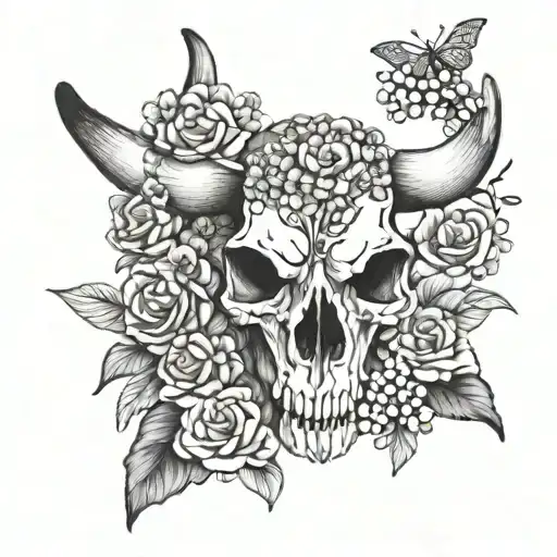 Girly country longhorn skull with flowers tattoo design idea