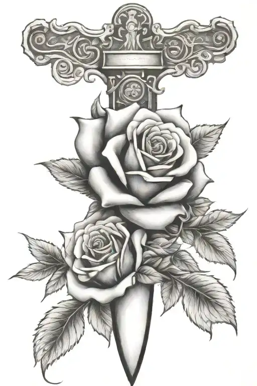 roses entwined dagger tattoo design idea