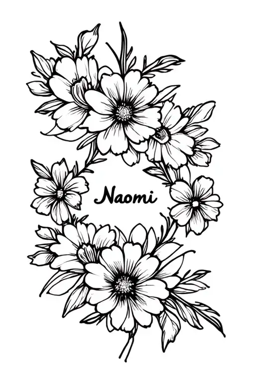 "Naomi" name written in flowers tattoo design idea