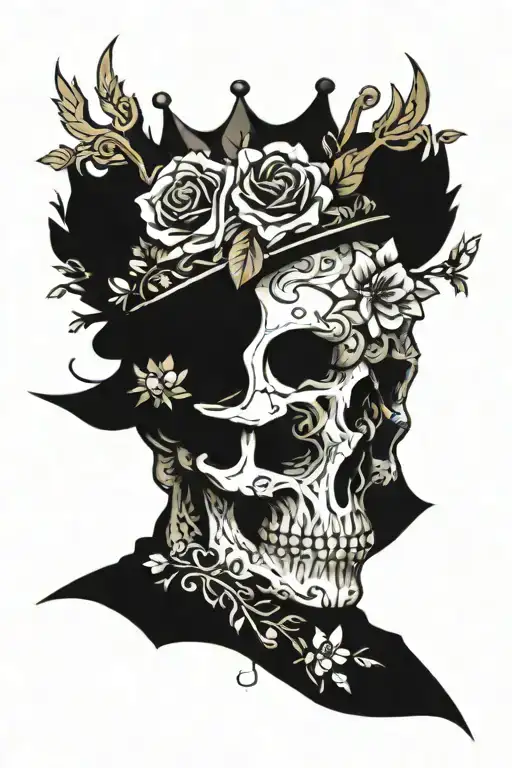 crown bear inscription work skull flowers tattoo design idea