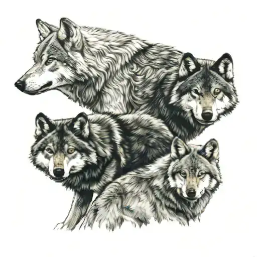Adult gray wolf facing forward, directly below an adult female gray wolf, directly below in a line 5 gray wolf pups tattoo design idea