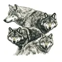 Adult gray wolf facing forward, directly below an adult female gray wolf, directly below in a line 5 gray wolf pups tattoo design idea