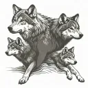 Adult gray wolf facing forward, directly below an adult female gray wolf, directly below in a line 5 gray wolf pups tattoo design idea