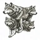 Adult gray wolf facing forward, directly below an adult female gray wolf, directly below in a line 5 gray wolf pups tattoo design idea