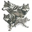 Adult gray wolf facing forward, directly below an adult female gray wolf, directly below in a line 5 gray wolf pups tattoo design idea