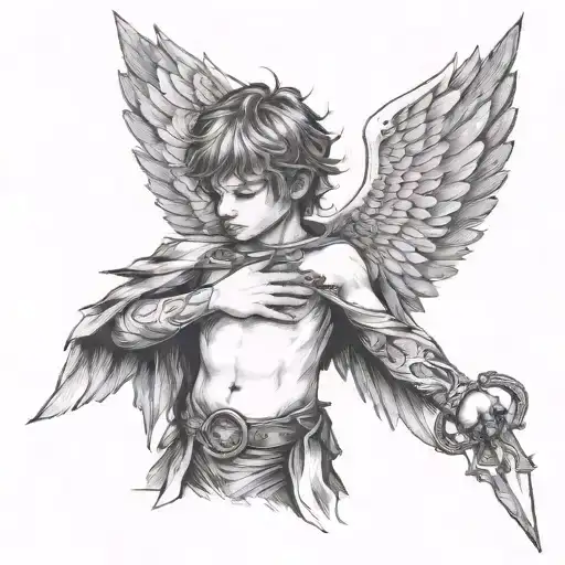 a child with knife and wings protecting the chest tattoo, ideas behing: protecting inner child, trauma, pain tattoo design idea