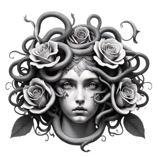 medusa w seven snake heads and roses  tattoo design idea