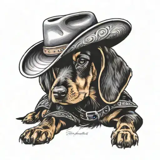 Black and Tan coonhound puppy wearing a cowboy hat tattoo design idea