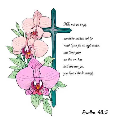 a girly cross surrounded with orchids and the verse psalm 46:5 tattoo design idea