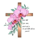 a girly cross surrounded with orchids and the verse psalm 46:5 tattoo design idea