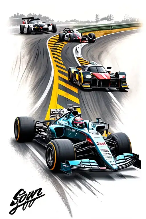 f1 track with a f1 car racing on it, with a rally car in the background and racing elements as the main background  tattoo design idea