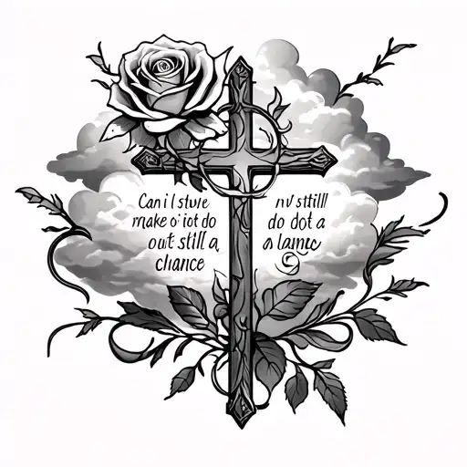 tattoo that saids can i still make it out do i still got a chance   with roses and clouds and a cross with a bible verse tattoo design idea