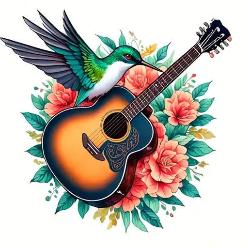 hummingbird and acoustic guitar merging tattoo design idea