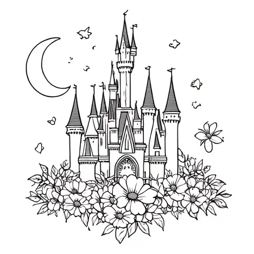 Disneyland castle with some flowers surrounding and maybe the moon tattoo design idea