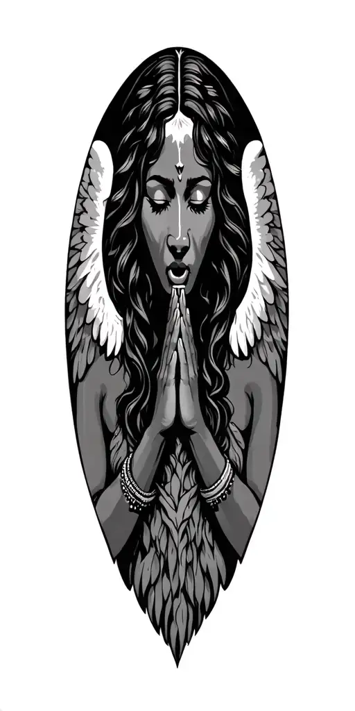 African angels pray hands holding and wolf howling tattoo design idea