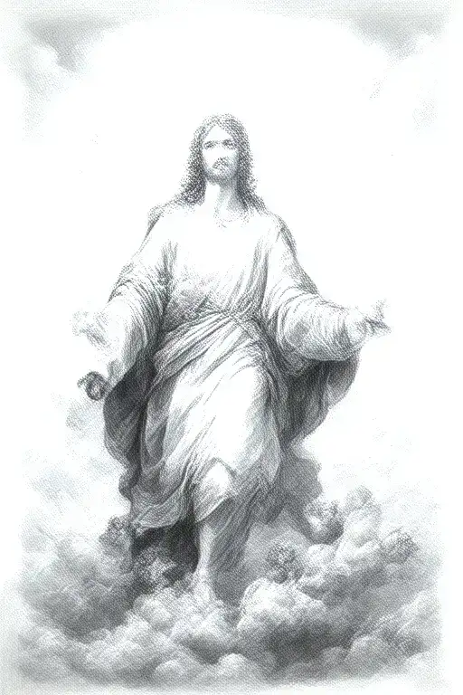  Saint Joseph walking on clouds, with small angels flying around him tattoo design idea