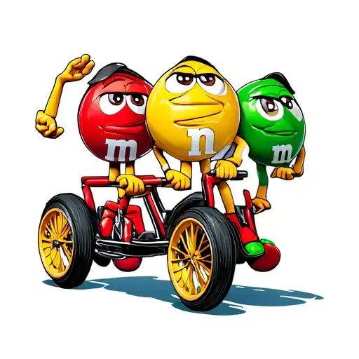 red, yellow and green m&m's are riding a three-wheeled bicycle and expressing different emotions tattoo design idea