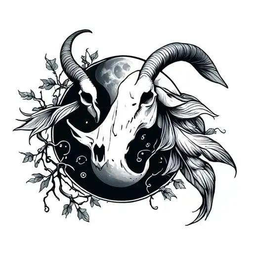 Goat skull- water goat Moon and water- moon affecting water tide Branches vines nature meet water Yin and yang koi fi tattoo design idea