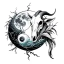 Goat skull- water goat Moon and water- moon affecting water tide Branches vines nature meet water Yin and yang koi fi tattoo design idea