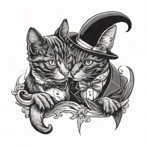 black cat and tuxedo cat playing tattoo design idea