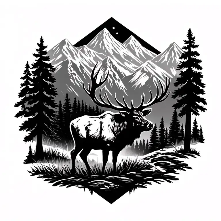 silhouette of forest landscape with mountains in background with bull elk at base tattoo design idea