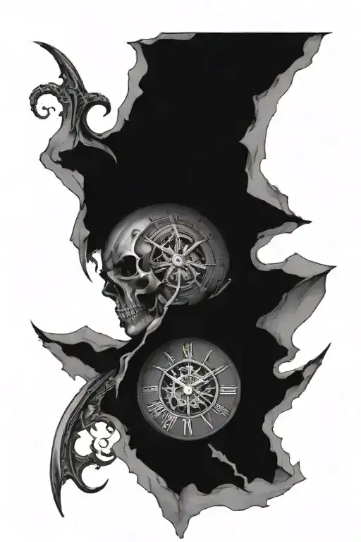destroyed clock, Anker, two mask tattoo design idea