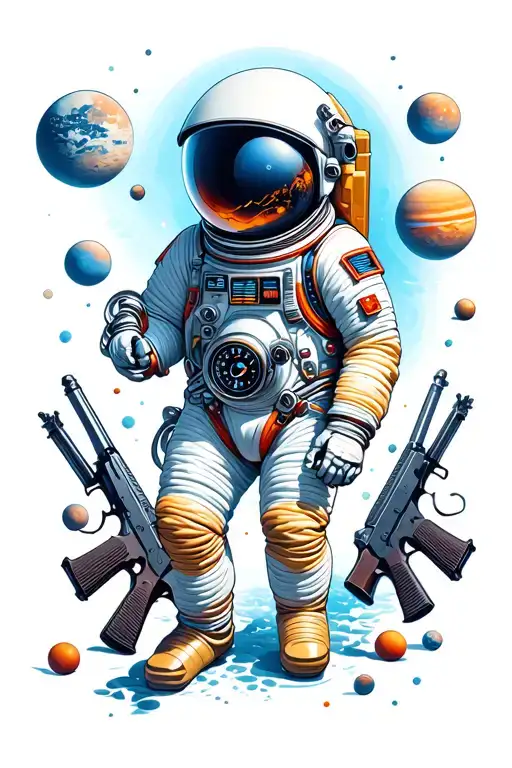 astronaut surrounded by planets car boost gauge turbocharger and guns and ammo laying around tattoo design idea