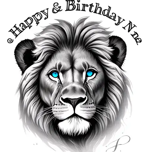lion with blue eyes and child's name and birthday tattoo design idea