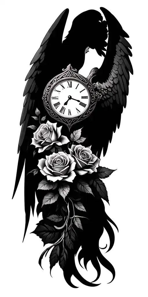 Archangel Michael, roses, clock, lipstick tattoo design idea