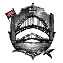 Australia themed tattoo featuring coat of arms, flag and Sydney harbour bridge tattoo design idea